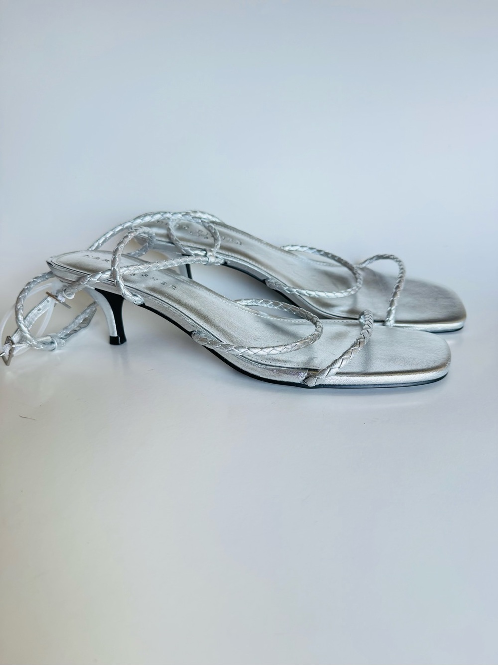 Marc Fisher Silver Braided Strap Kitten Heel Sandals